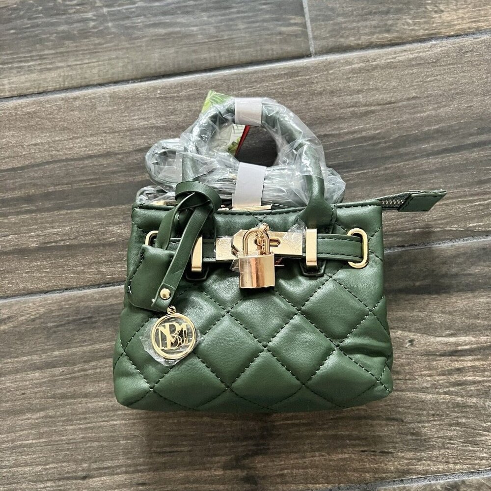 Badgley Mischka Mini Tote Bag w/ Front Lock Chive Green Quilted Vegan (115)
